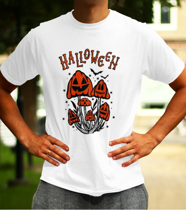 Halloween Pumpkin Mushrooms With Bats And Stars T-Shirt