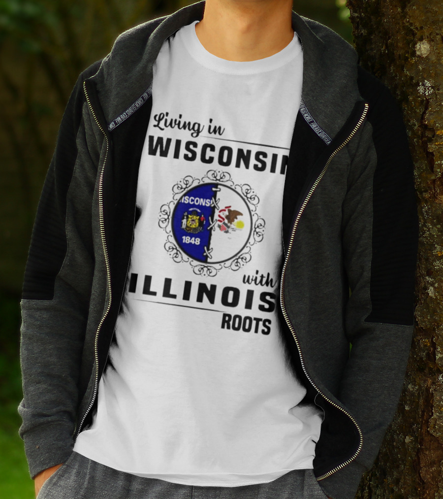 Living In Wisconsin With Illinois Roots State Flags Fusion T-Shirt