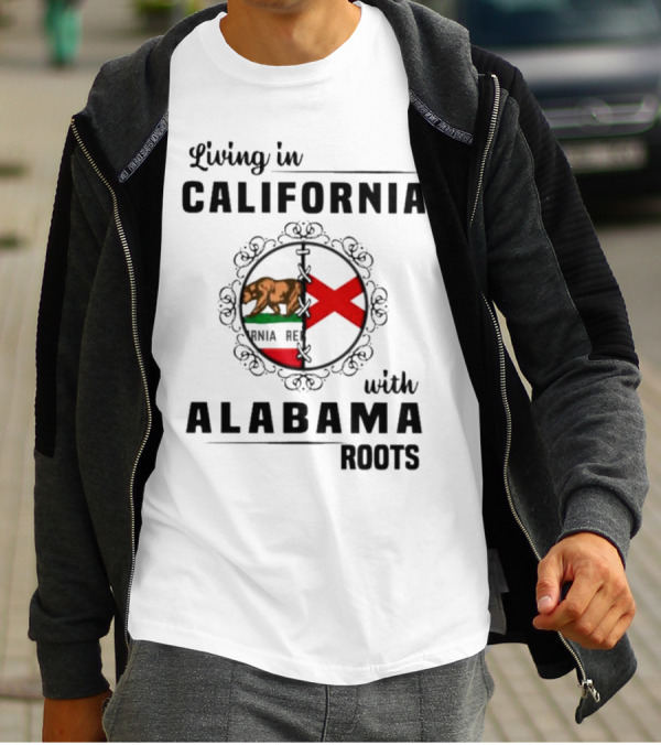 Living In California Bear Flag With Alabama Crimson Cross Roots T-Shirt