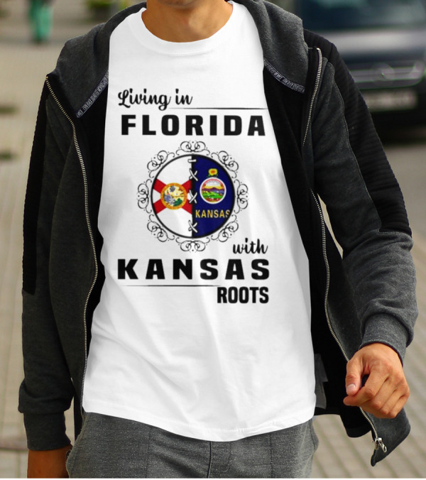 Living In Florida With Kansas Roots State Flags Emblem T-Shirt