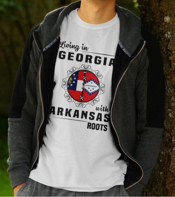 Living In Georgia With Arkansas Roots Symbolized By State Flags And Decorative Frame T-Shirt