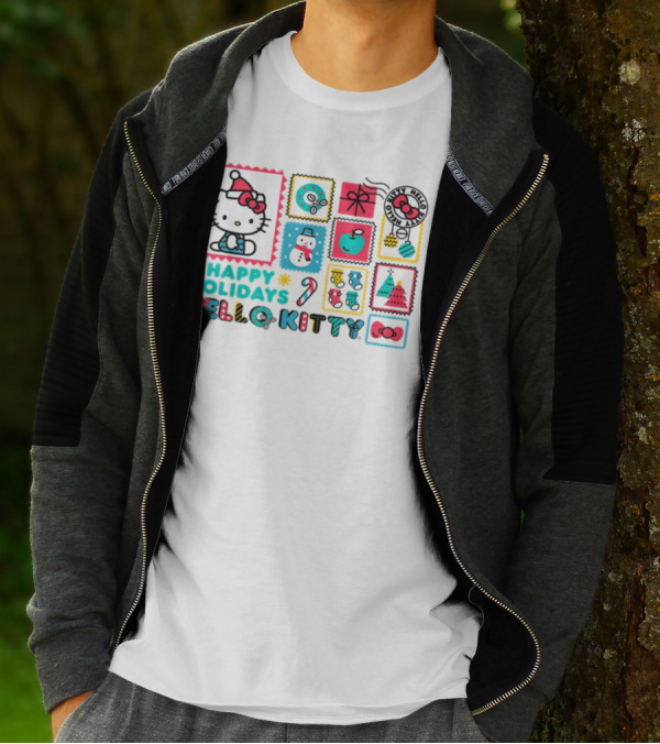 Happy Holidays Hello Kitty Merry Christmas Candy Cane Bow Trees Gift Snowman T-Shirt