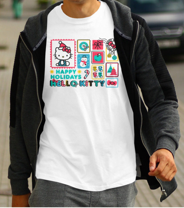 Happy Holidays Hello Kitty Merry Christmas Candy Cane Bow Trees Gift Snowman T-Shirt