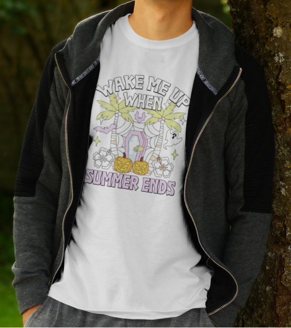 Wake Me Up When Summer Ends Coffin Palms Halloween Pumpkins Bats T-Shirt