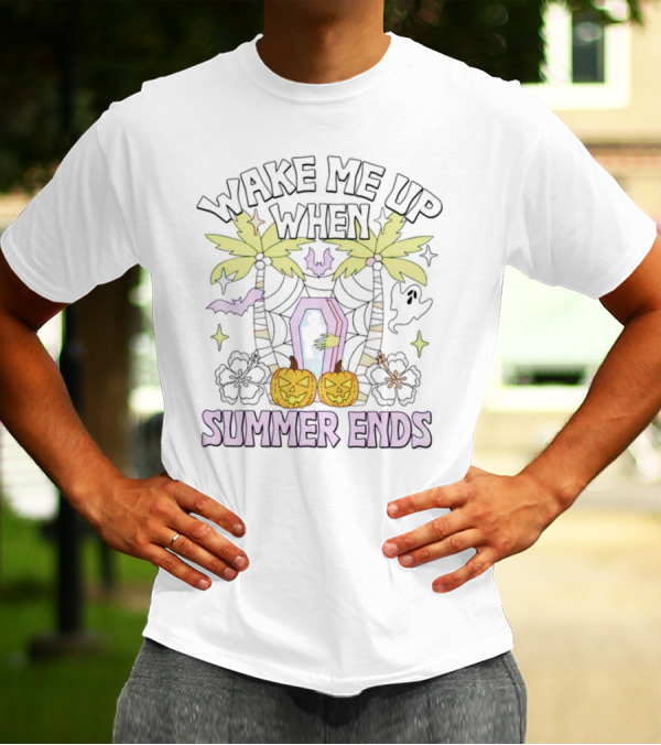 Wake Me Up When Summer Ends Coffin Palms Halloween Pumpkins Bats T-Shirt