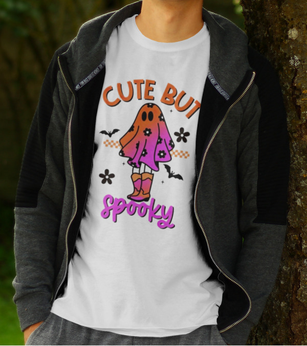 Cute But Spooky Halloween Ghost With Bat And Floral Boot Accents T-Shirt