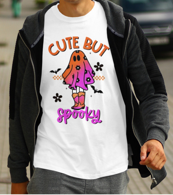 Cute But Spooky Halloween Ghost With Bat And Floral Boot Accents T-Shirt