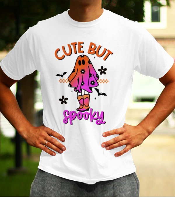 Cute But Spooky Halloween Ghost With Bat And Floral Boot Accents T-Shirt