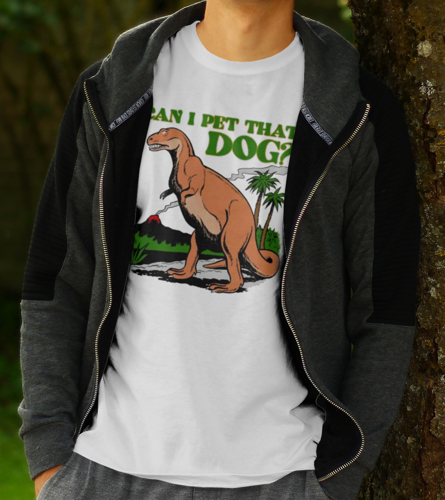 Can I Pet That Dog Dinosaur Volcano And Palm Trees T-Shirt