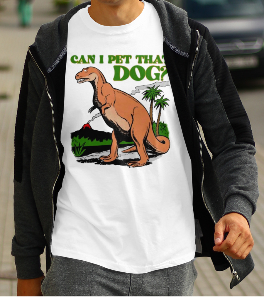 Can I Pet That Dog Dinosaur Volcano And Palm Trees T-Shirt