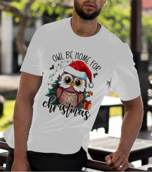 Owl Be Home For Christmas Santa Hat Owl Festive Lights Gift Box T-Shirt