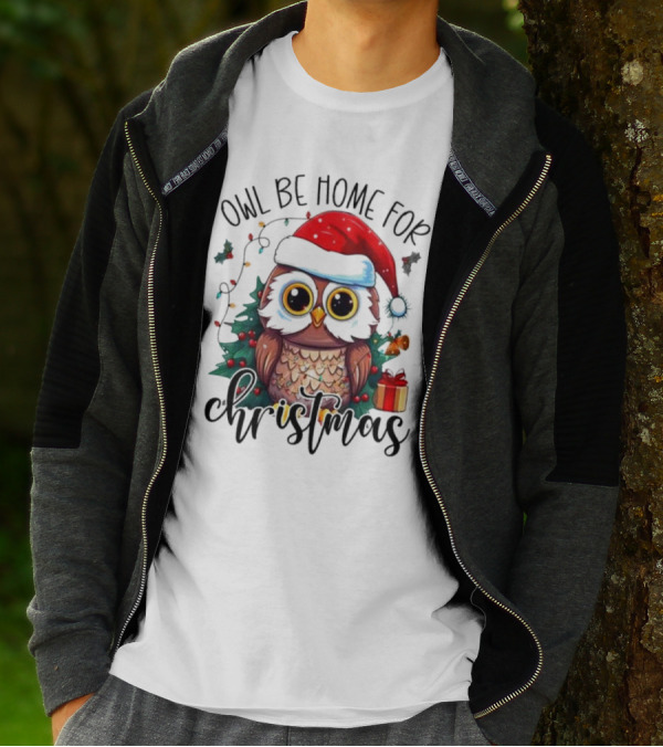 Owl Be Home For Christmas Santa Hat Owl Festive Lights Gift Box T-Shirt