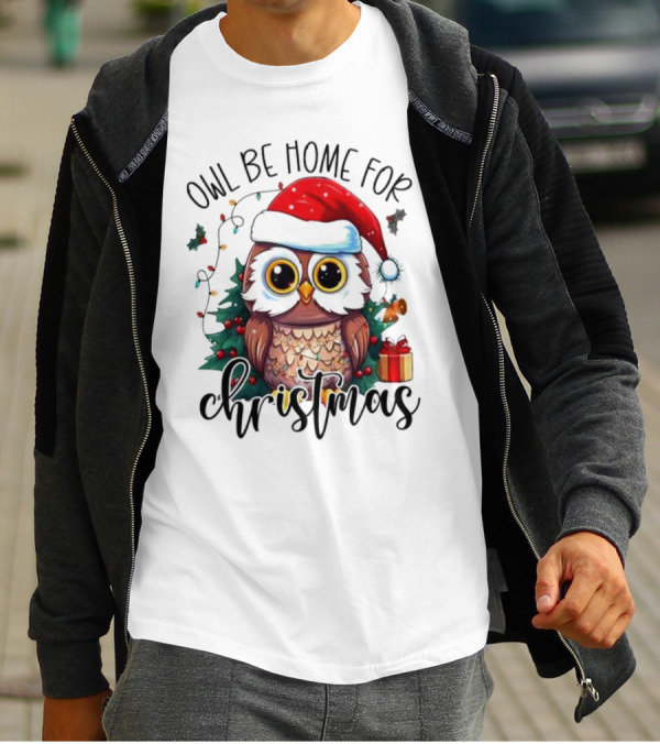 Owl Be Home For Christmas Santa Hat Owl Festive Lights Gift Box T-Shirt