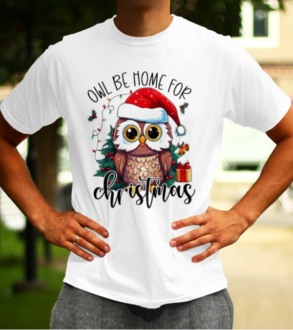 Owl Be Home For Christmas Santa Hat Owl Festive Lights Gift Box T-Shirt