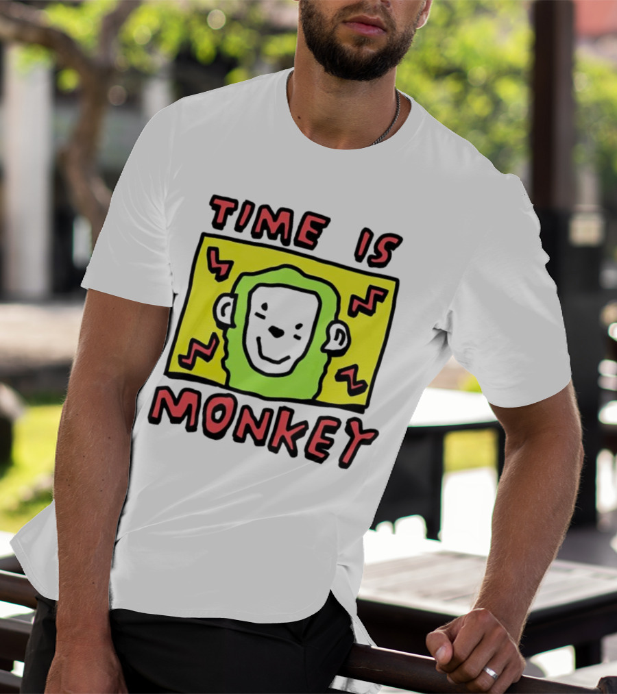 Time Is Monkey Green Highlighted Cartoon Face With Zigzag Lines T-Shirt