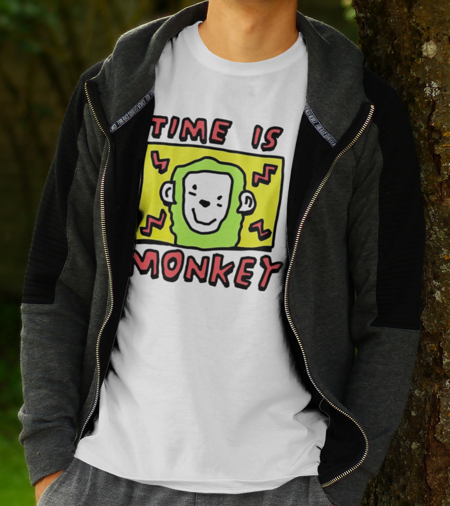 Time Is Monkey Green Highlighted Cartoon Face With Zigzag Lines T-Shirt