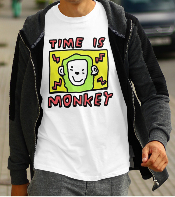Time Is Monkey Green Highlighted Cartoon Face With Zigzag Lines T-Shirt
