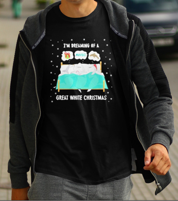 I'm Dreaming Of A Great White Christmas AWSC Shark In Bed With Snowflakes T-Shirt