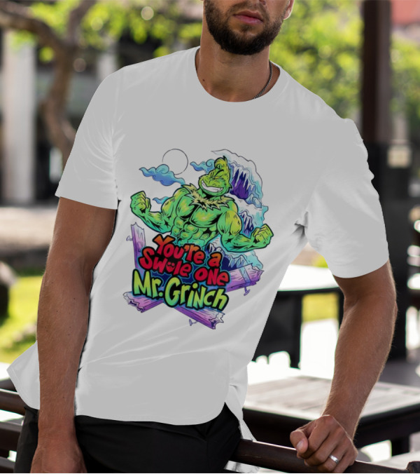 You’re A Swole One Mr Grinch Fitness Muskula Green Character With Frosted Mountain Background T-Shirt