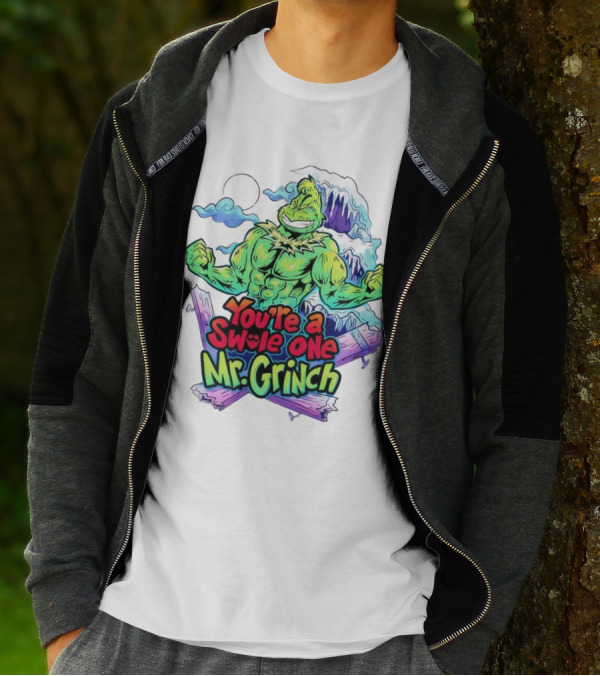 You’re A Swole One Mr Grinch Fitness Muskula Green Character With Frosted Mountain Background T-Shirt