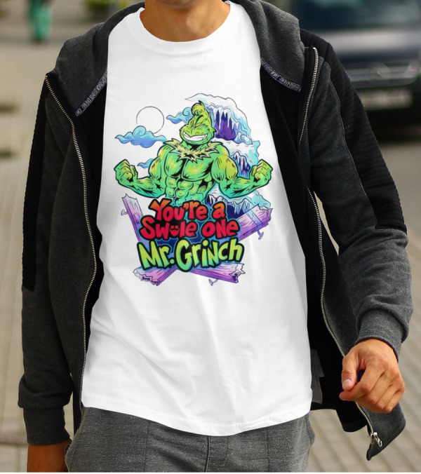 You’re A Swole One Mr Grinch Fitness Muskula Green Character With Frosted Mountain Background T-Shirt