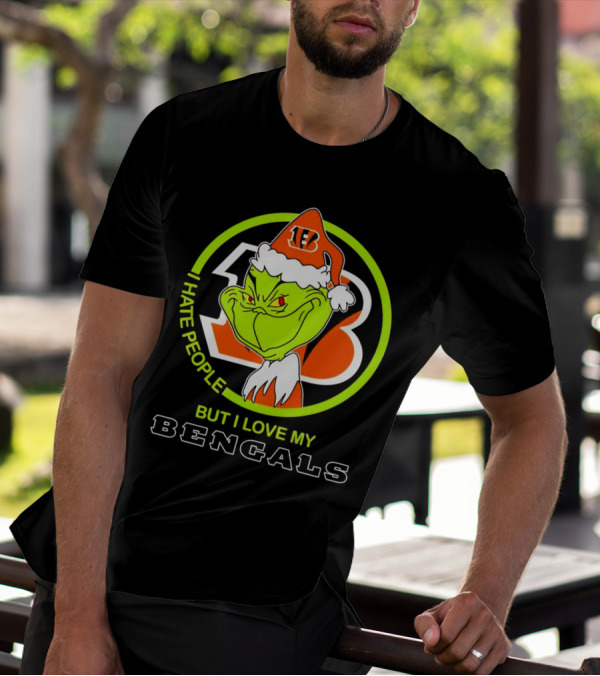 Grinch Santa Hat I Hate People But I Love My Bengals Football Fan T-Shirt