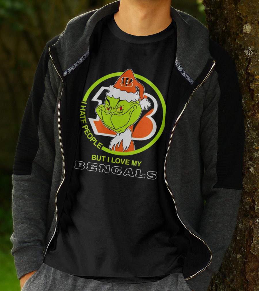 Grinch Santa Hat I Hate People But I Love My Bengals Football Fan T-Shirt