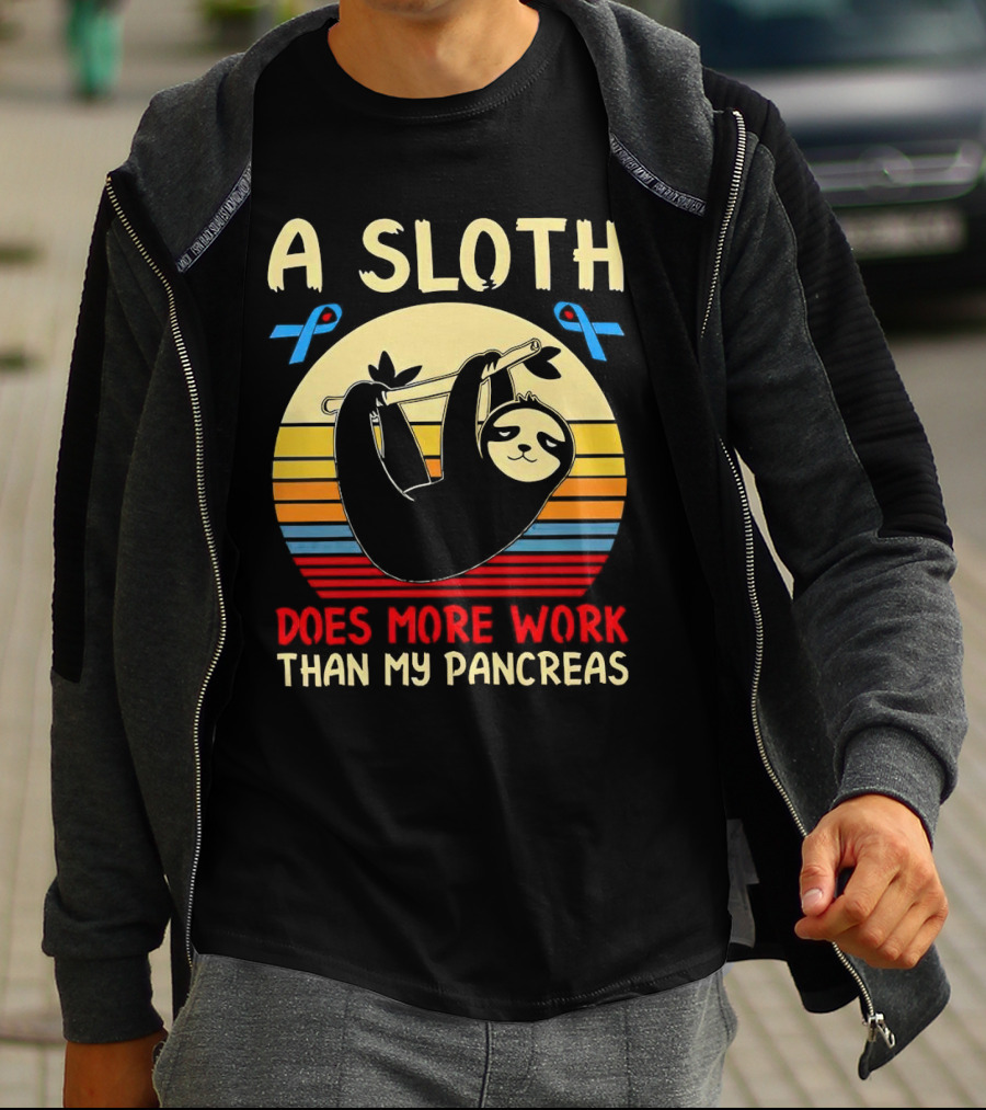 A Sloth Does More Work Than My Pancreas Vintage Style With Blue Diabetes Awareness Ribbons T-Shirt