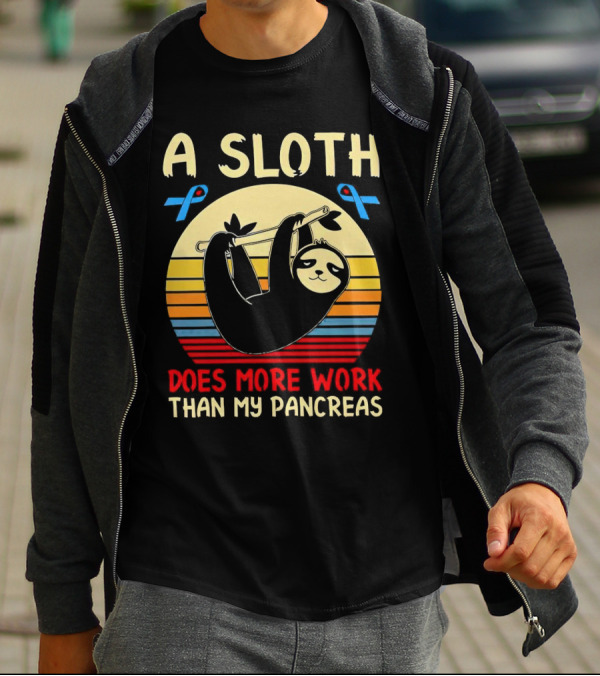 A Sloth Does More Work Than My Pancreas Vintage Style With Blue Diabetes Awareness Ribbons T-Shirt