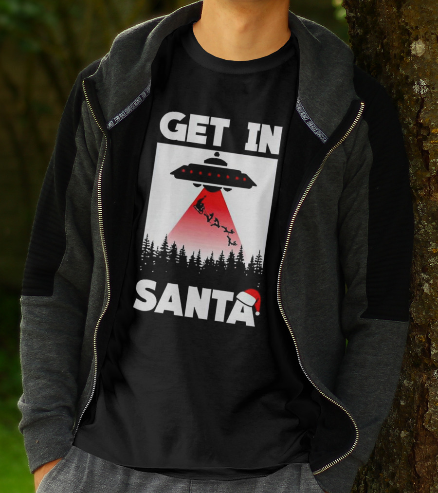 Get In Santa UFO Alien With Reindeer Christmas Abduction T-Shirt