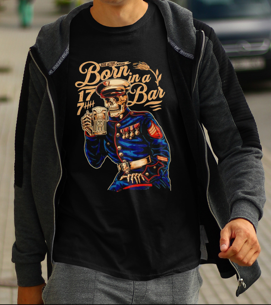 Side Action Apparel Born In A Bar 1774 Skeleton Marine Drinking Beer T-Shirt