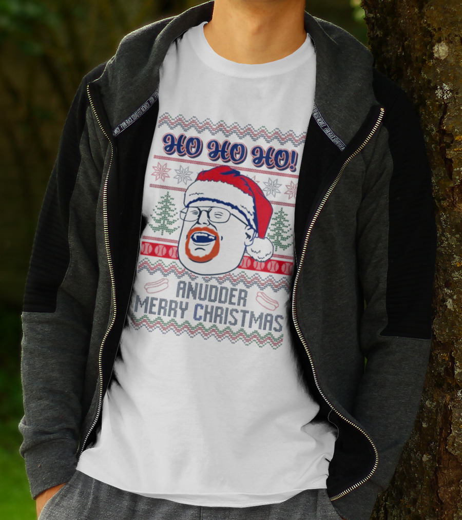 HO HO HO Anudder Merry Christmas Ugly Santa Beard Trees Snowflakes Sausages T-Shirt