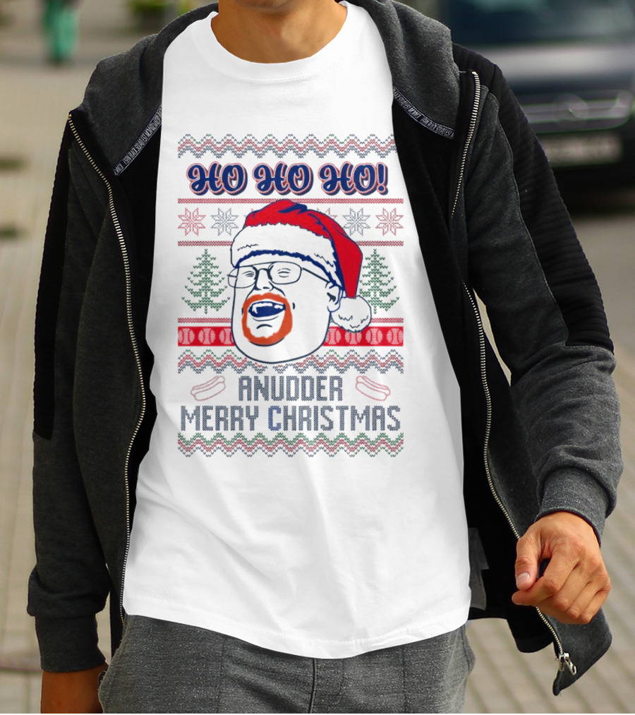 HO HO HO Anudder Merry Christmas Ugly Santa Beard Trees Snowflakes Sausages T-Shirt