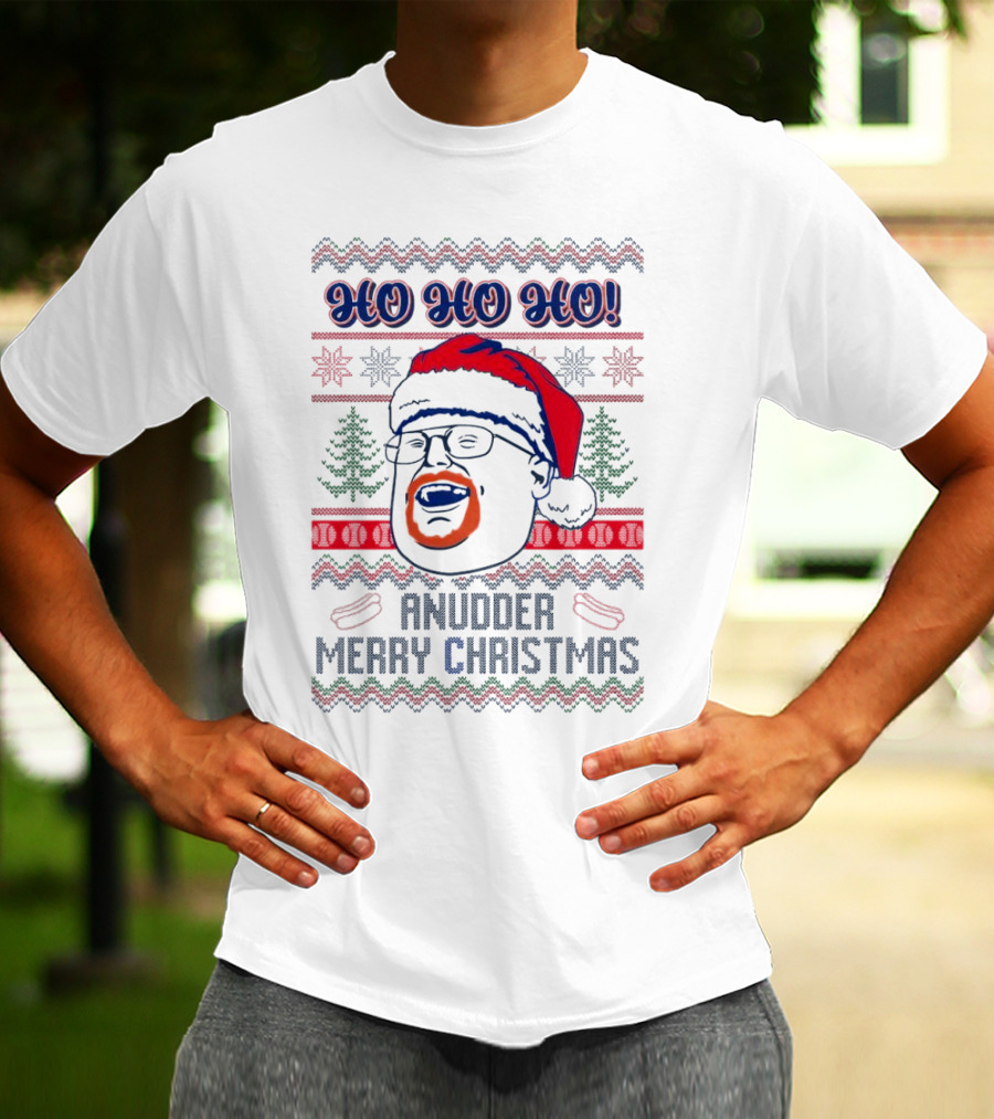 HO HO HO Anudder Merry Christmas Ugly Santa Beard Trees Snowflakes Sausages T-Shirt