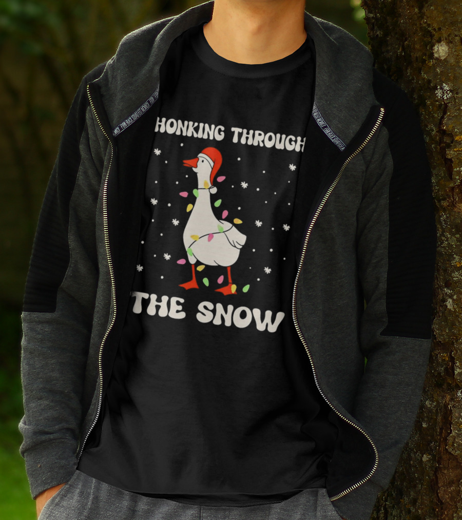 Honking Through The Snow Goose Wrapped In Christmas Lights T-Shirt