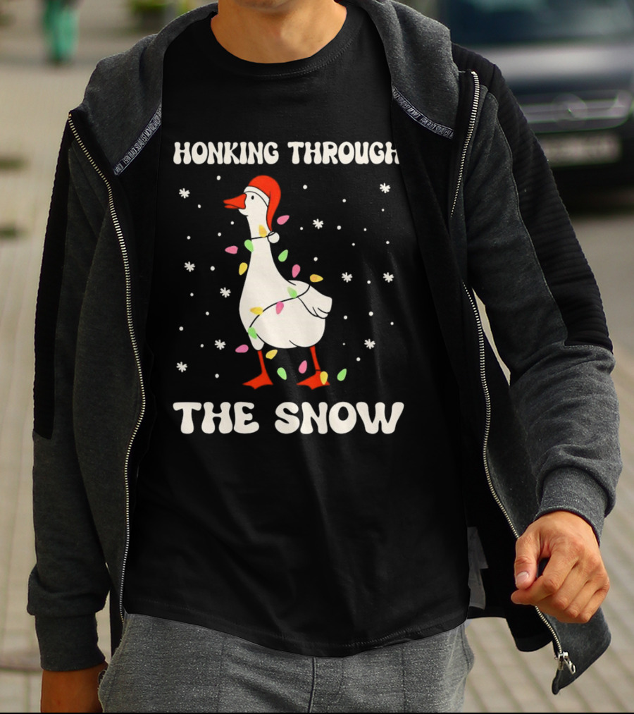 Honking Through The Snow Goose Wrapped In Christmas Lights T-Shirt