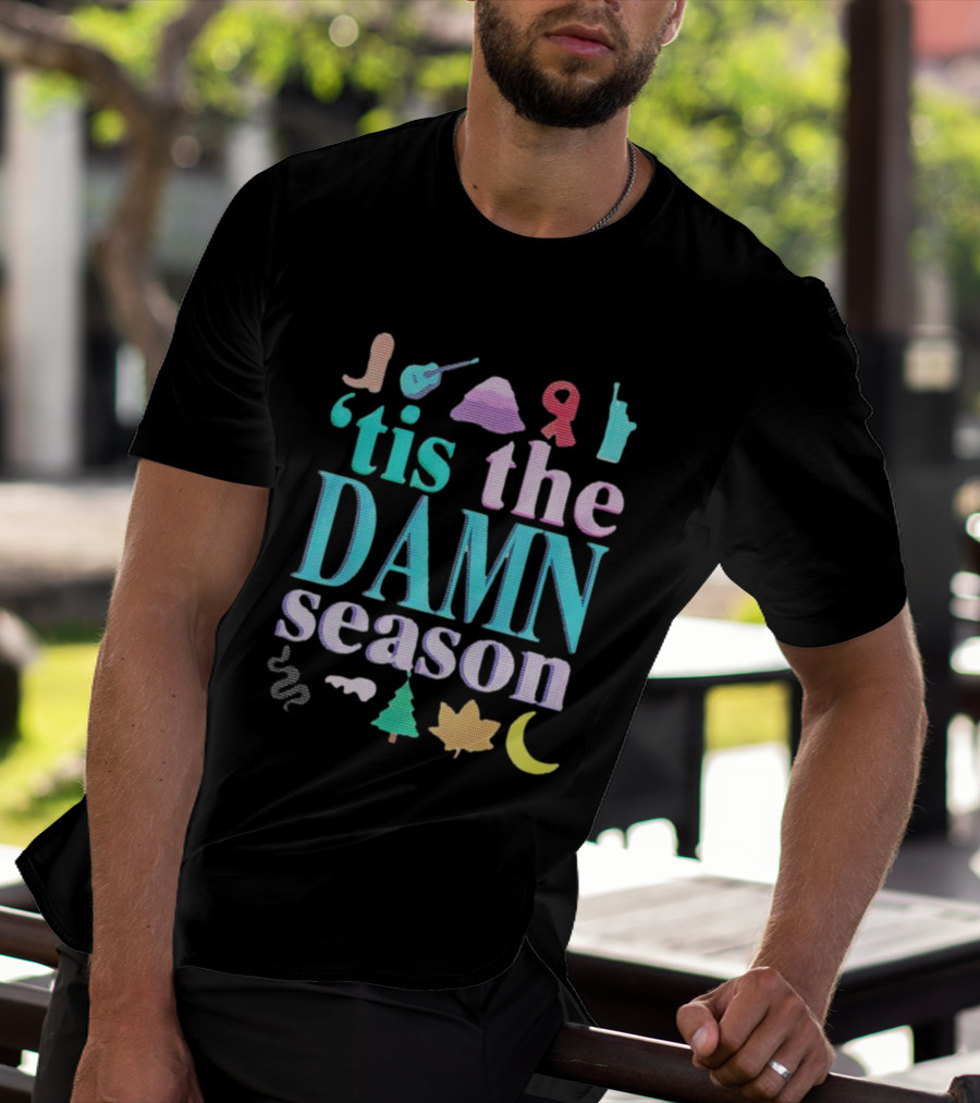 Tis The Damn Season Christmas Cowboy Boot Guitar Tree Moon T-Shirt