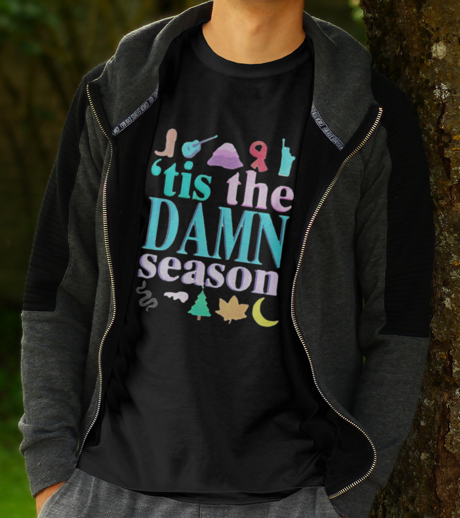 Tis The Damn Season Christmas Cowboy Boot Guitar Tree Moon T-Shirt