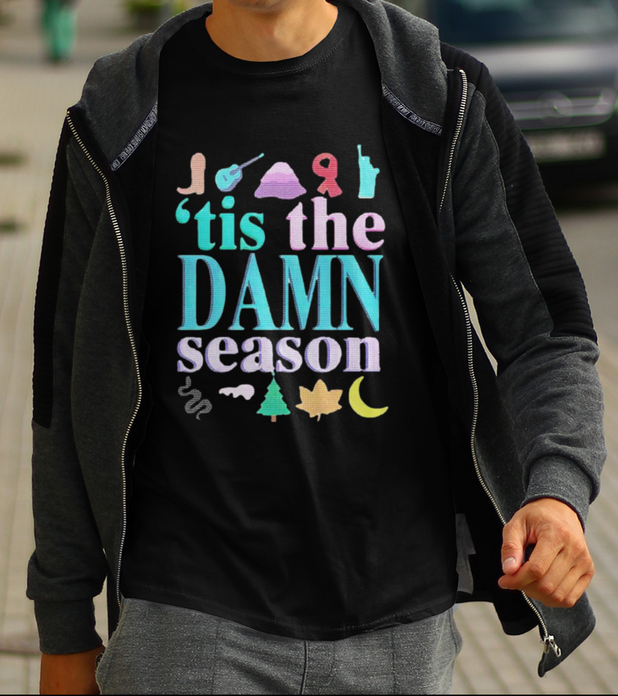 Tis The Damn Season Christmas Cowboy Boot Guitar Tree Moon T-Shirt