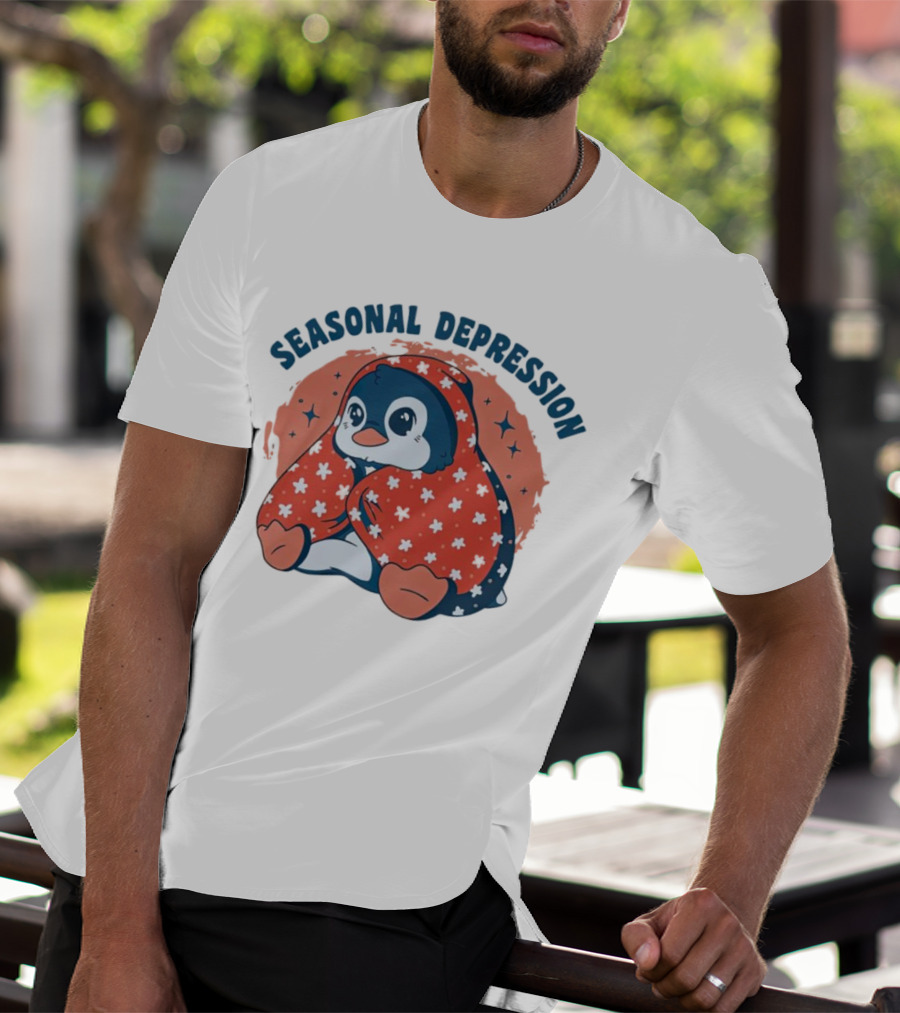 Seasonal Depression Penguin In Cozy Blanket With Stars And Flowers T-Shirt