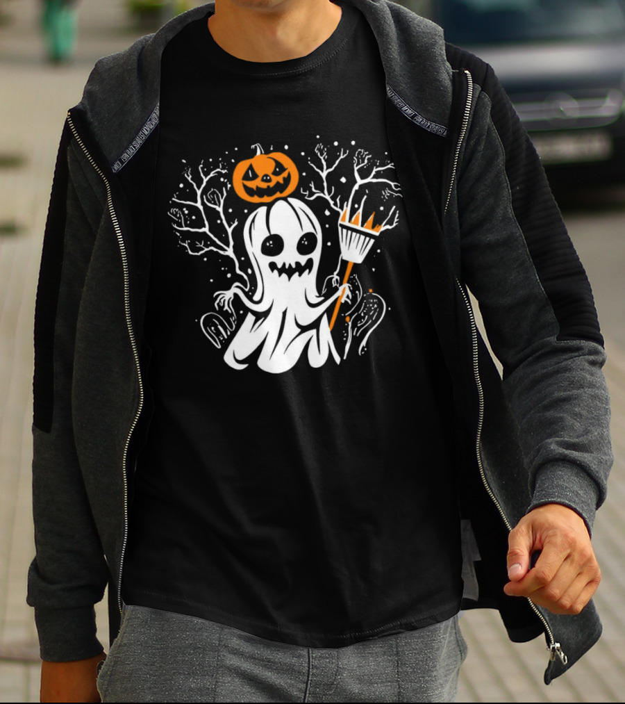 Pumpkin King Halloween Ghost With Broomstick T-Shirt