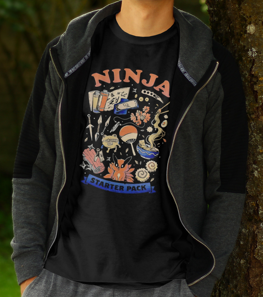 Ninja Starter Pack Kunai Scrolls Shuriken Ramen Chopsticks Anime Fox Pokeball T-Shirt
