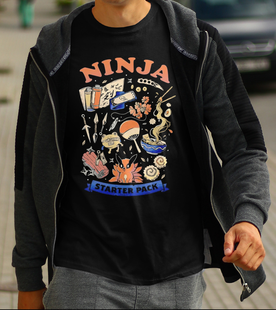 Ninja Starter Pack Kunai Scrolls Shuriken Ramen Chopsticks Anime Fox Pokeball T-Shirt