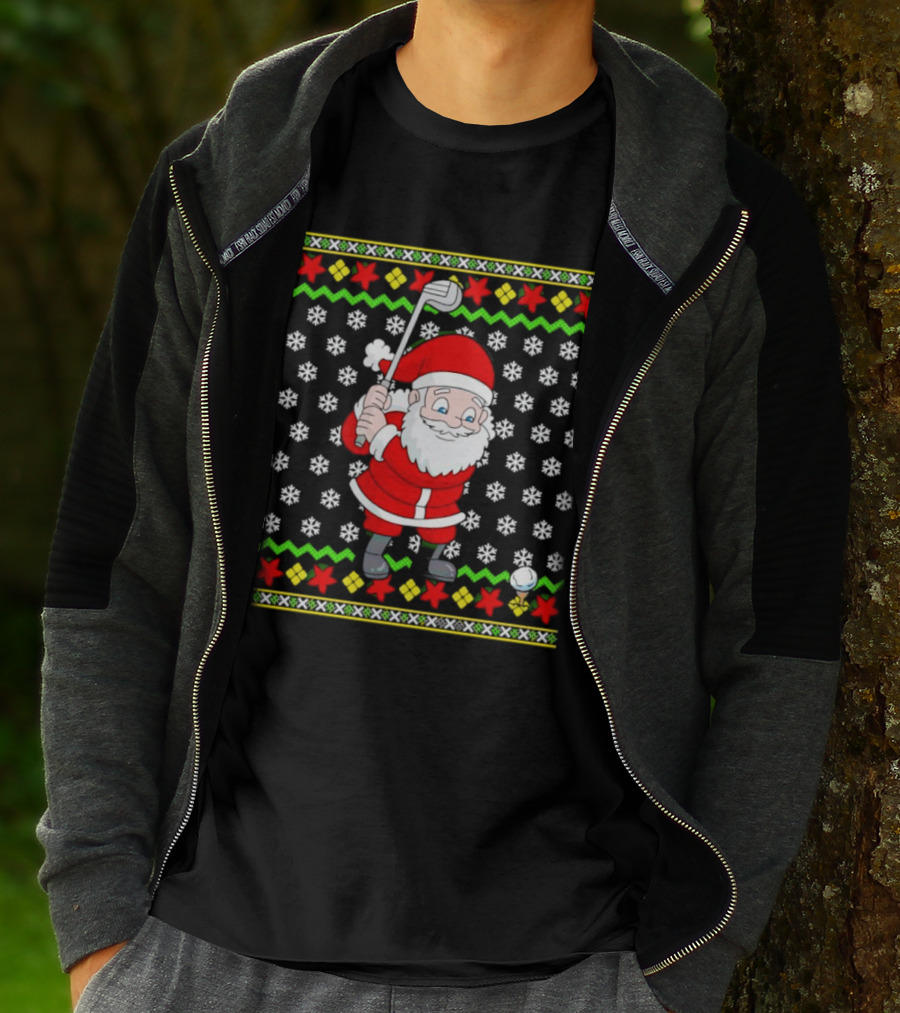 Santa Golfing Christmas Snowflakes Ugly T-Shirt