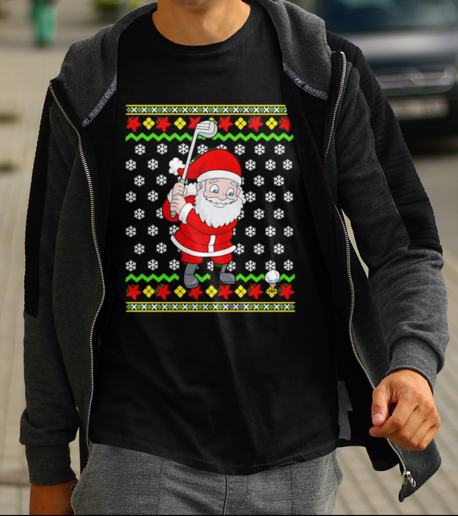 Santa Golfing Christmas Snowflakes Ugly T-Shirt