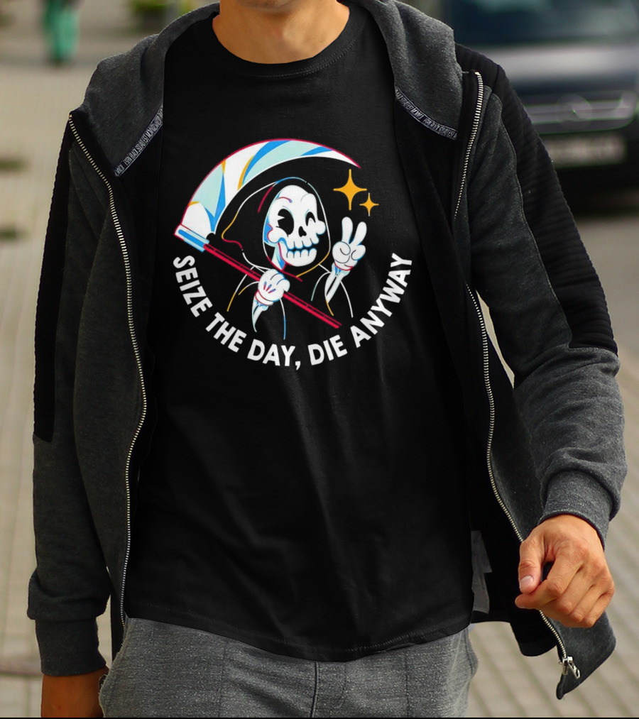 Seize The Day Die Anyway Grim Reaper Peace Sign T-Shirt