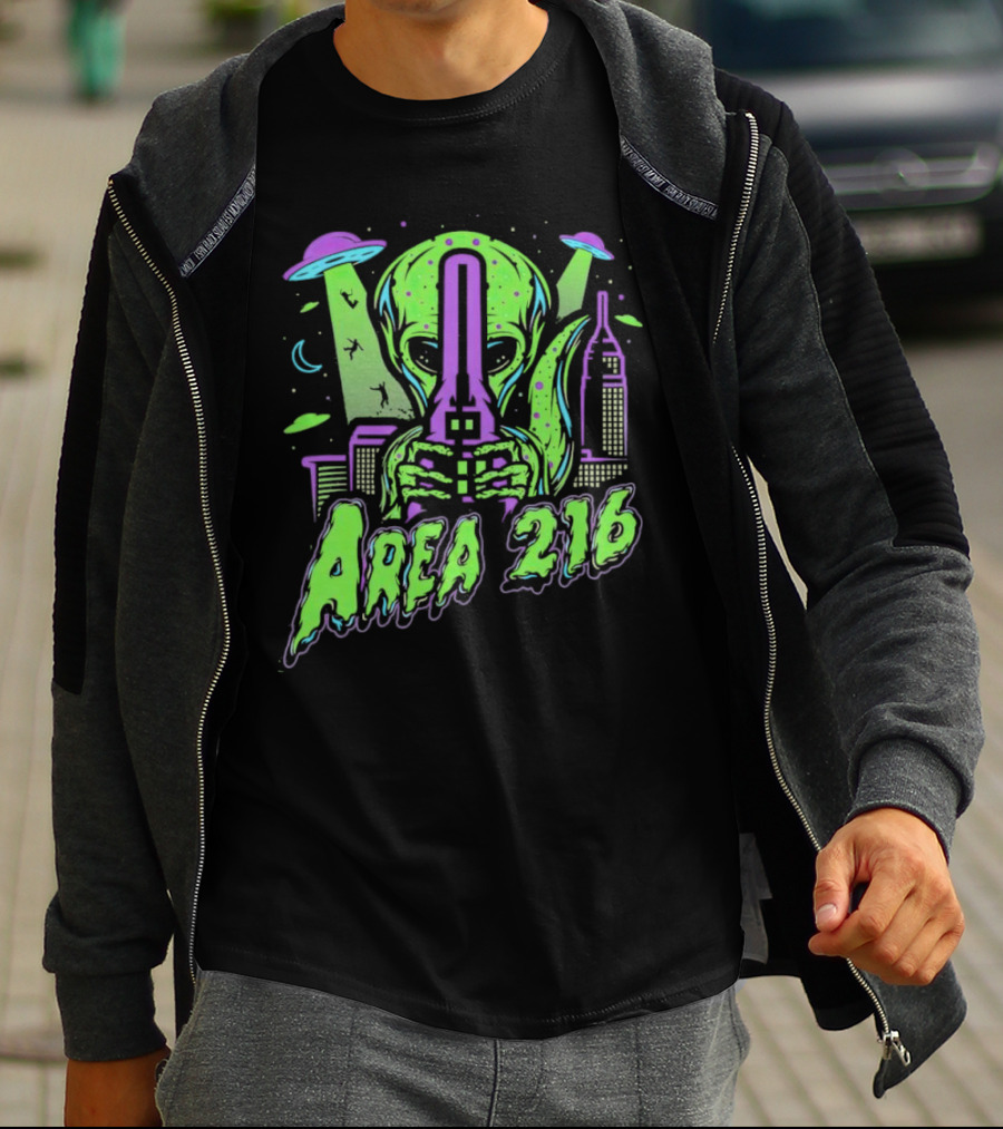 Area 216 Alien UFO City Skyline Neon T-Shirt