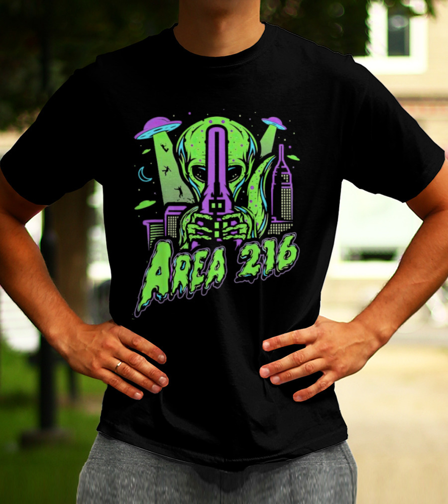 Area 216 Alien UFO City Skyline Neon T-Shirt