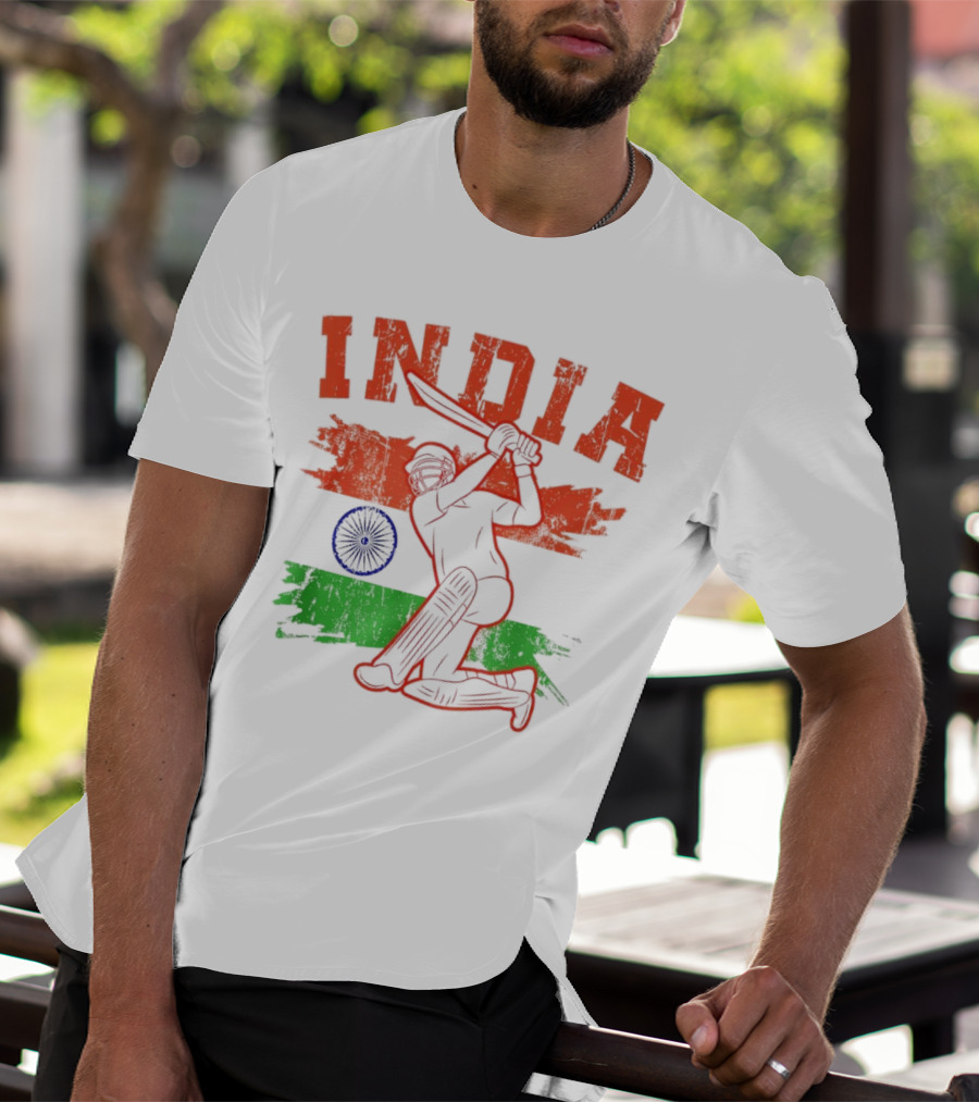 India Cricket Enthusiasts Batting Action With Ashoka Chakra T-Shirt