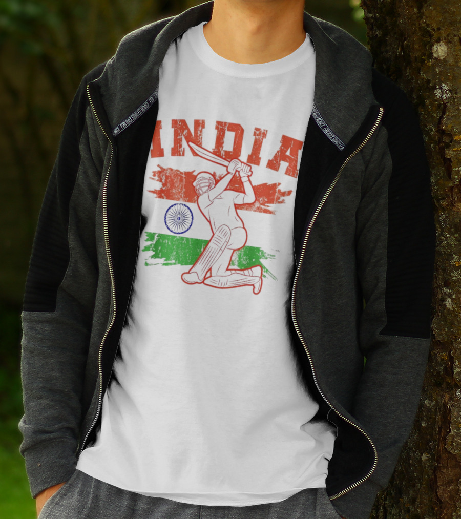 India Cricket Enthusiasts Batting Action With Ashoka Chakra T-Shirt
